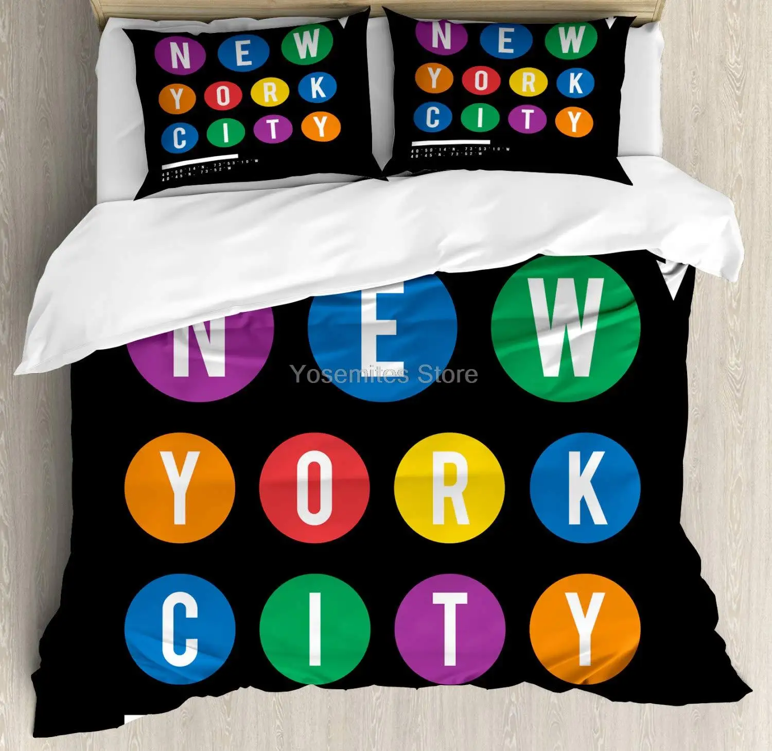 

Lunarable NYC Subway Duvet Cover Set, New York City Lettering Coordinates Typography Design on Dark Background, Decorative 3 Pie
