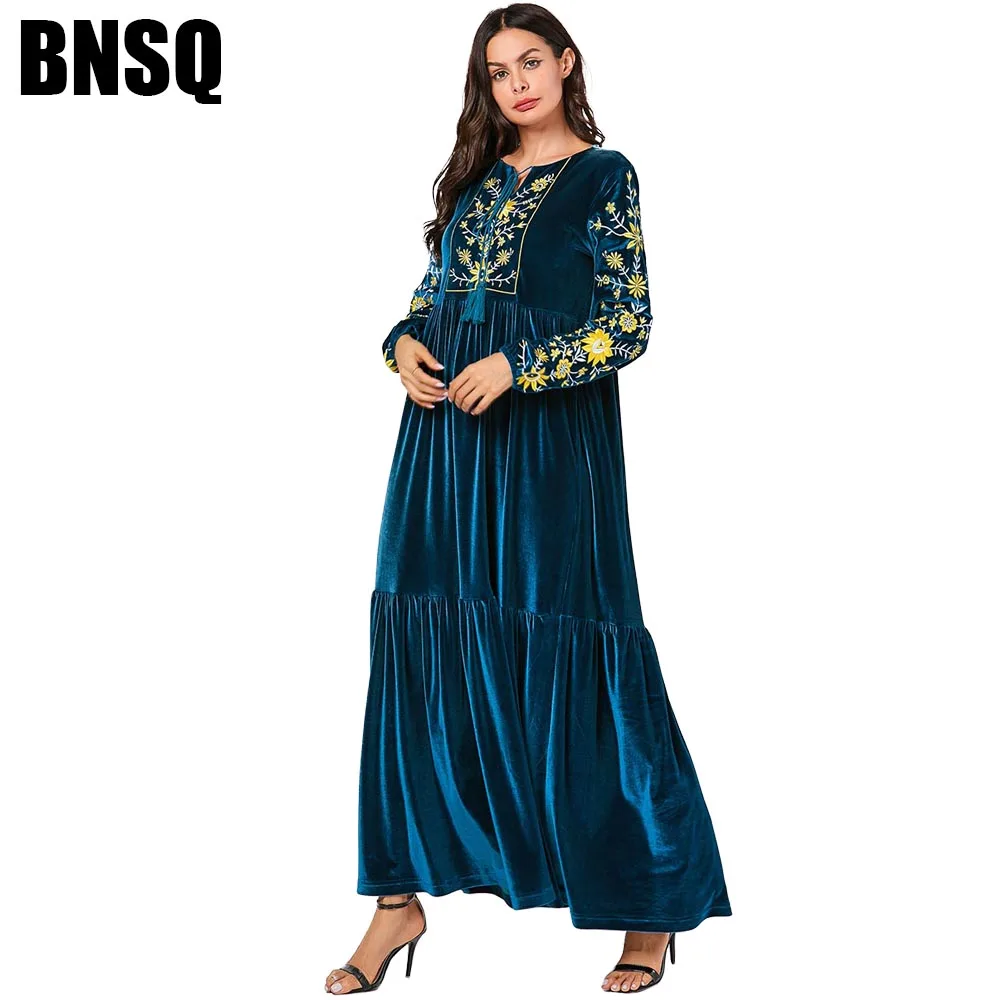 BNSQ Ethnic Embroidery Long Sleeve Velvet Maxi Dress Blue Casual Dresses Elegant Ankle-Length Loose Plus Size M-4xl | Тематическая
