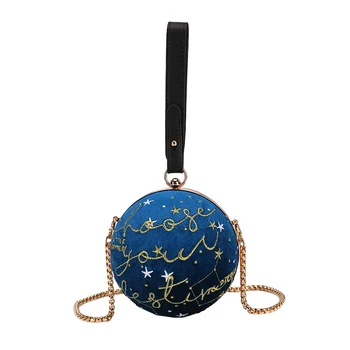 

Luxury Fashion Blue Planet Pattern Velvet Star Ball Shoulder Bag Women Small Round Velour Bag Personality Female Handbag Spheric