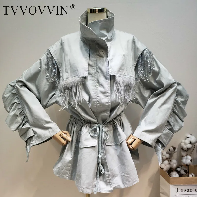 TVVOVVIN Новая мода страусиное перо Расшитое бисером высококачественное пальто для женщин Женский Тренч с завязками на талии Vestido X252