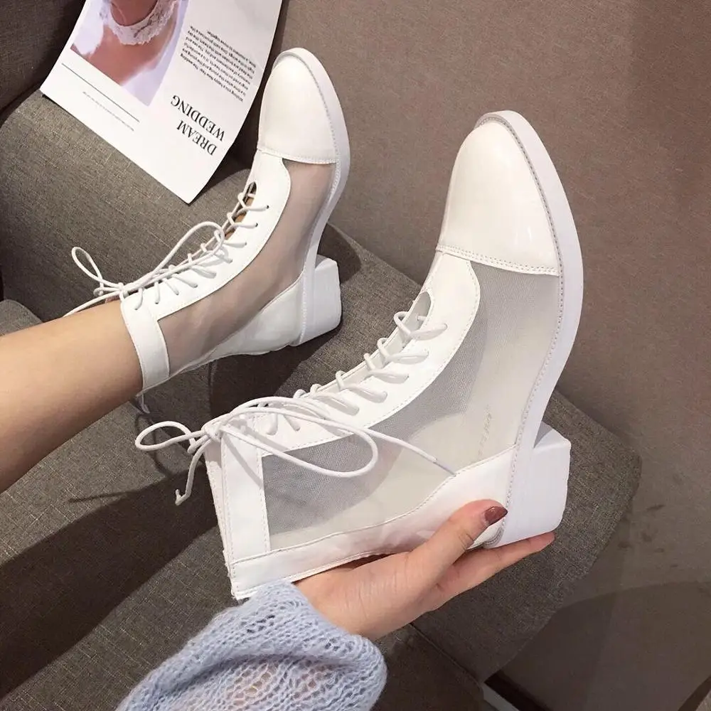 

White Womens Boots Round Toe Lace-up Transparent Women Ankle Boots Square Low Heel Woman Martin Boots 2020 Spring Autumn Boots