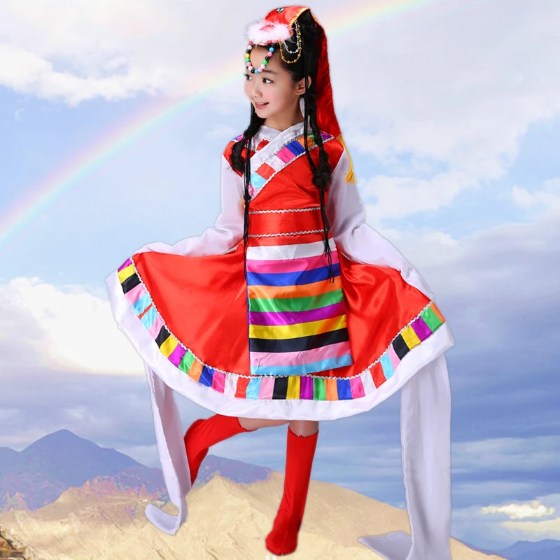 

Multi Colour Tibetan Dance Costume Ethnic Clothing Elongated Sleeves Tibetan Dance Dress Chinese Folk Dance