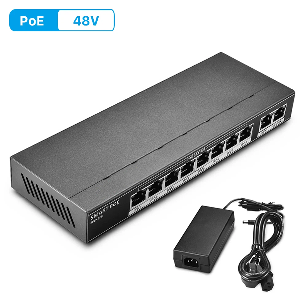 ANBIUX 802.3af/at 8CH POE коммутатор 10 портов 10/100 Мбит/с CCTV коммутатор 250 передача сигнала 8 POE портов 1 NVR+ 1 Uplink порт 123,2 Вт