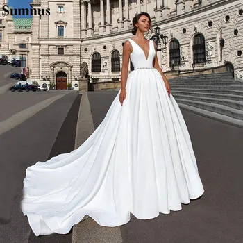 

Sumnus New Designer Simple Wedding Dresses Cheap Elegant Deep V Neck Satin Wedding Gown with Beaded Sash Bridal dress