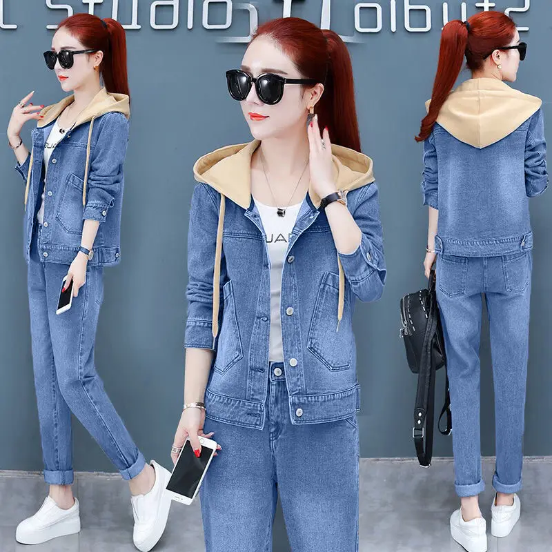 Fashion Hooded Denim 2 Piece Sets Women Outfit Spring Autumn Casual Long Sleeve Jean Jacket + Elastic Waist Jeans Fashion Suit