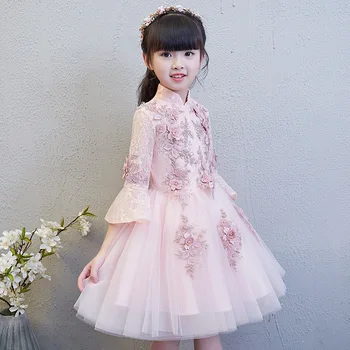 

Girl Princess Dress Qipao Wedding Cheongsam Cute Pink Birthday Oriental Evening Dress Traditional Chinese Embroidery Prom Dress