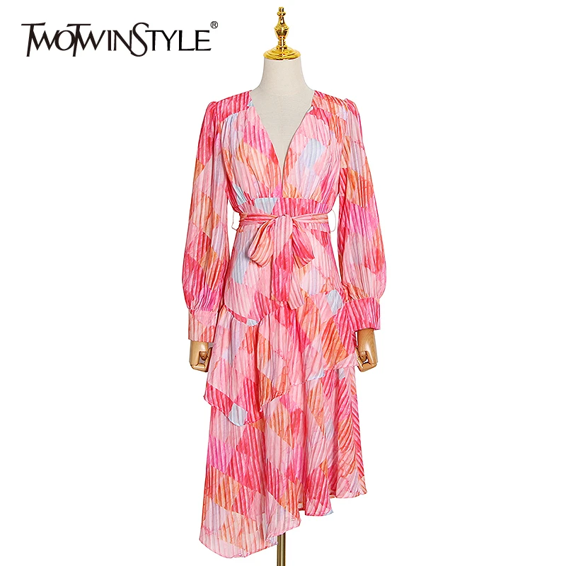 TWOTWINSTYLE Casual Print Women Dress V Neck Lantern Long Sleeve High Waist Lace Up Bownot Patchwork Ruffles Midi Dresses Female TWOTWINSTYLE Casual Print Women Dress V Neck Lantern Long Sleeve High Waist Lace Up Bownot Patchwork Ruffles Midi Dresses Female