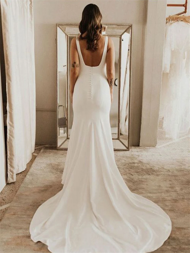 LORIE Spaghetti Strap Boho Wedding Dress Mermaid Soft Stain Long Train Bride Gowns Backless Sleeveless Simple Maxi Dress