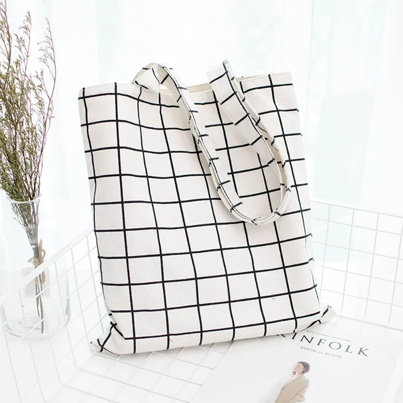 Tote-Handbag Canvas Large-Capacity Cotton Plaid-Shoulder-Bag Eco Durable Women Flax Linen