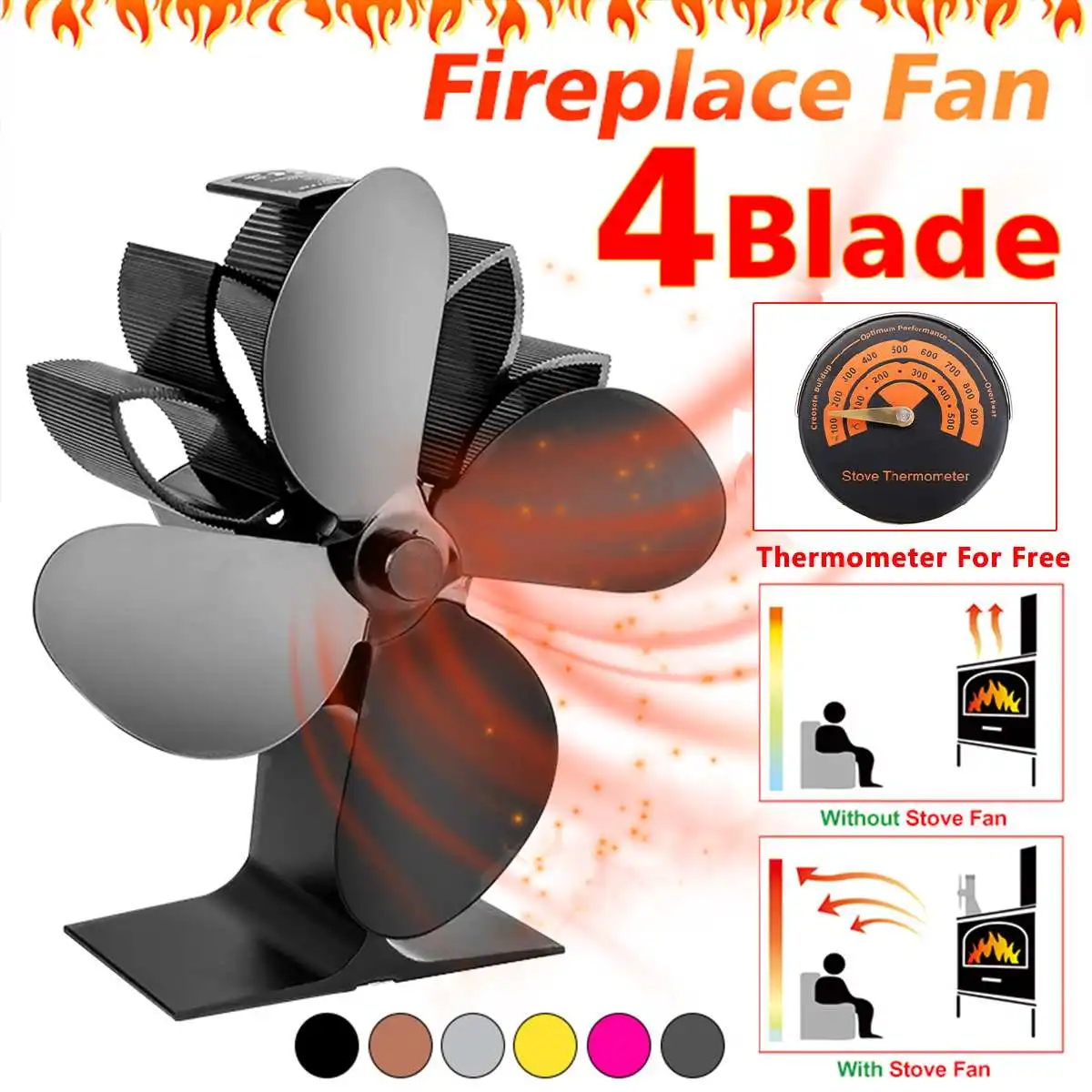 Comprar Eficiente 4 hojas de ventilador de estufa de energía térmica con termómetro de leña quemador de madera ecopan silencioso negro hogar ventilador para hogar distribución de calor