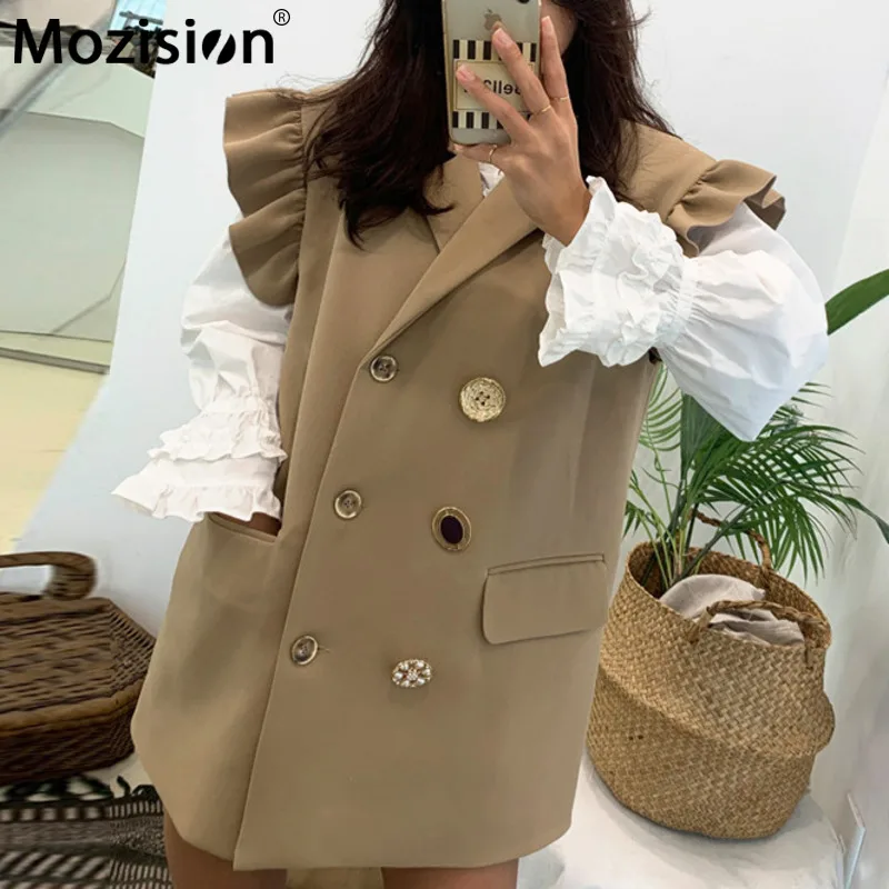 

Mozision Chic Double Breasted Sleeveless Blazer Women Solid Lapel Suit Coat Female 2020 Winter New Casual Slim Loose Coat