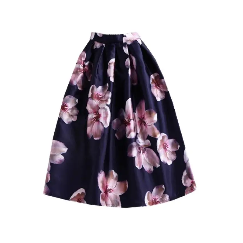 BunniesFairy Vintage Style Female Retro Peach Blossom Flower Floral Print High Waist Plated Midi Skirt Tutu Falda Primavera | Женская
