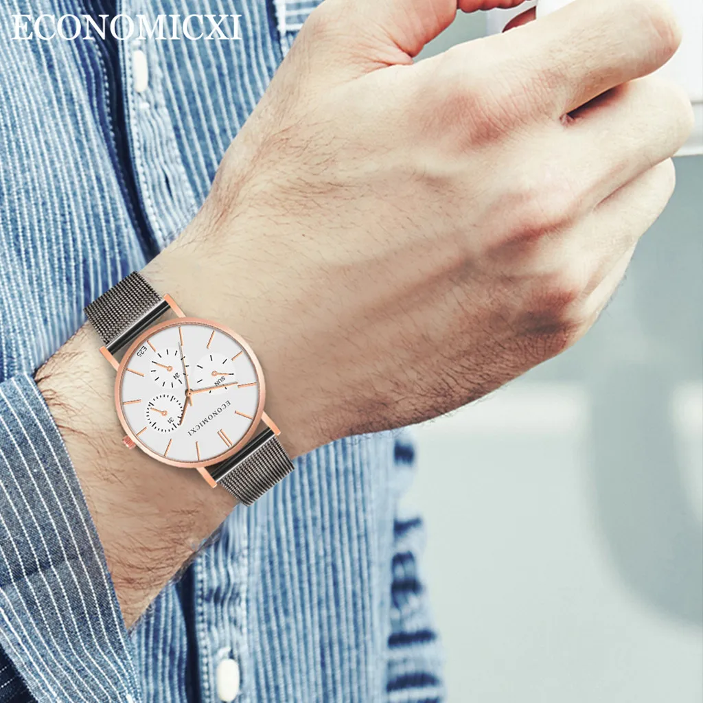

Fashion Simple Stainless Steel Band With Three Eyes Small Dial Men's Quartz Wrist Watch Pin Buckle Men's Watches Clock relogio