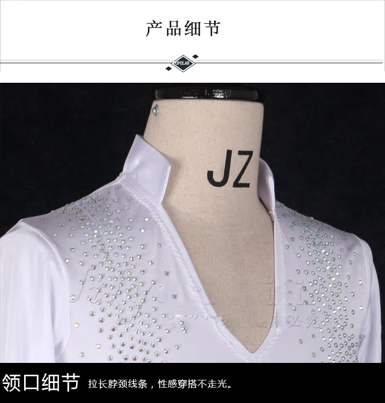 Latin Dance Shirts Men White Long Sleeve Mesh Standing Collar Shiny Rhinestone Bodysuit Rumba Cha Cha Samba Competition DN3534