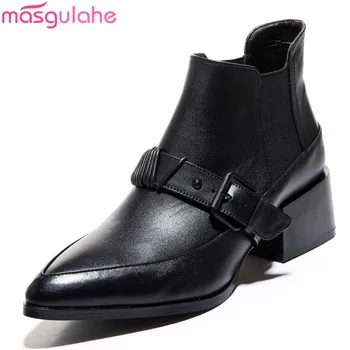 

Masgulahe 2020 new arrive genuine leather women brand boots med heels pointed toe ladies shoes solid black autumn ankle boots