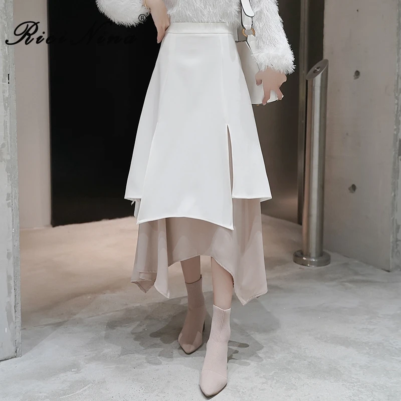 

RICININA Long Skirts For Women Skirt Autumn Winter Slit Patchwork Skirts Womens White Casual A Line Jupe Longue Femme Ete 2019
