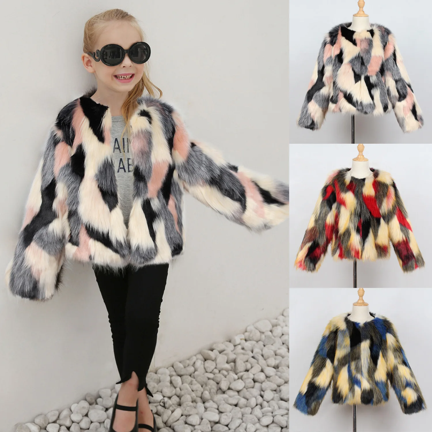 

Little Girls Winter Jackets Toddler Faux Fox Fur Coats Multi fur coats Baby Girls Fur Clothes Coloful full sleeve O-neck collar
