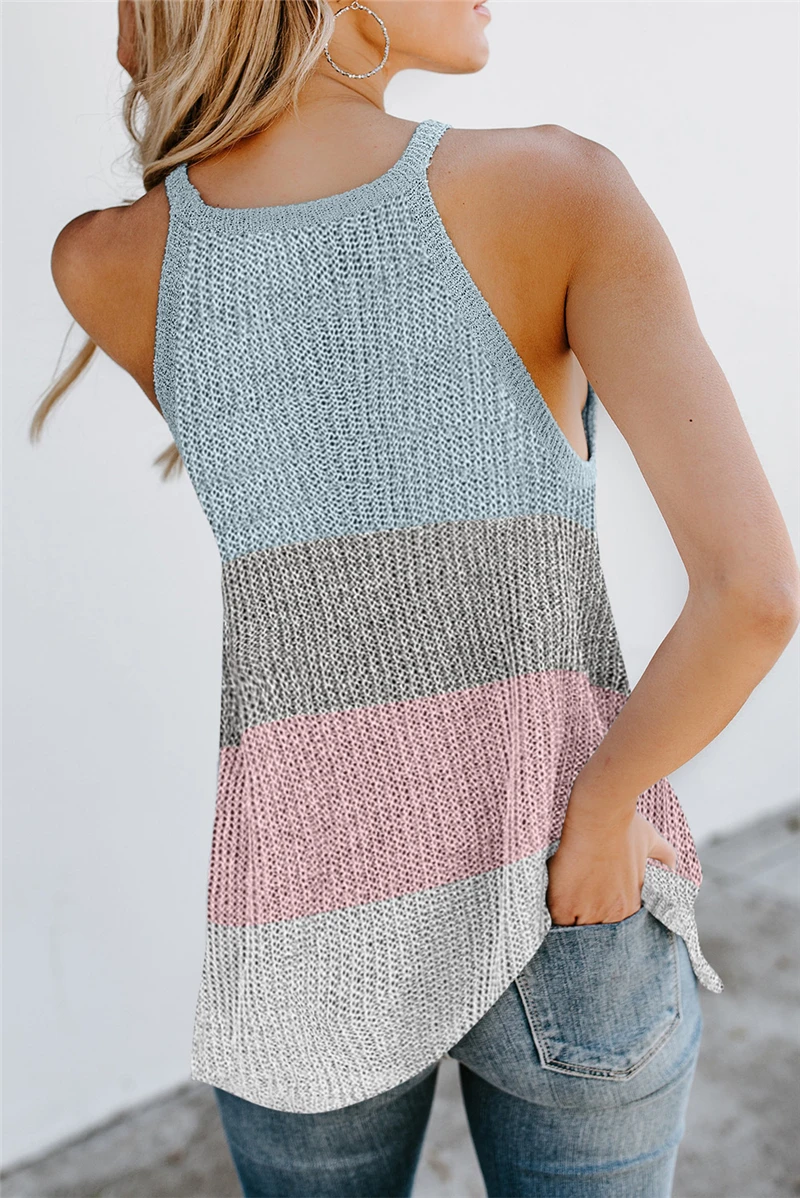 SWQZVT Women's Tanks Summer New Casual Striped Mix-colors 2020 New Round Neck Sleeveless Knitted Shirt Women Ladies Tops Vest (3)