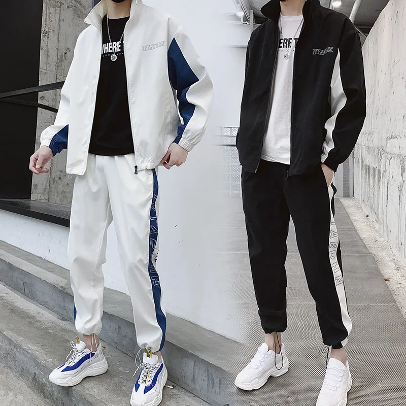 

2019 Spring And Autumn New Style MEN'S Hoodie Hip Hop Set Trend Spring Turn-down Collar Coat Two-Piece Set Men's