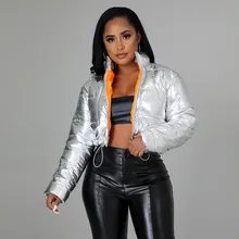 Women's New Bright Leather Drawstring Zipper Short Padded Coat Winter 2021 Warm Stand-up Collar Solid Color Down Cotton Jacket