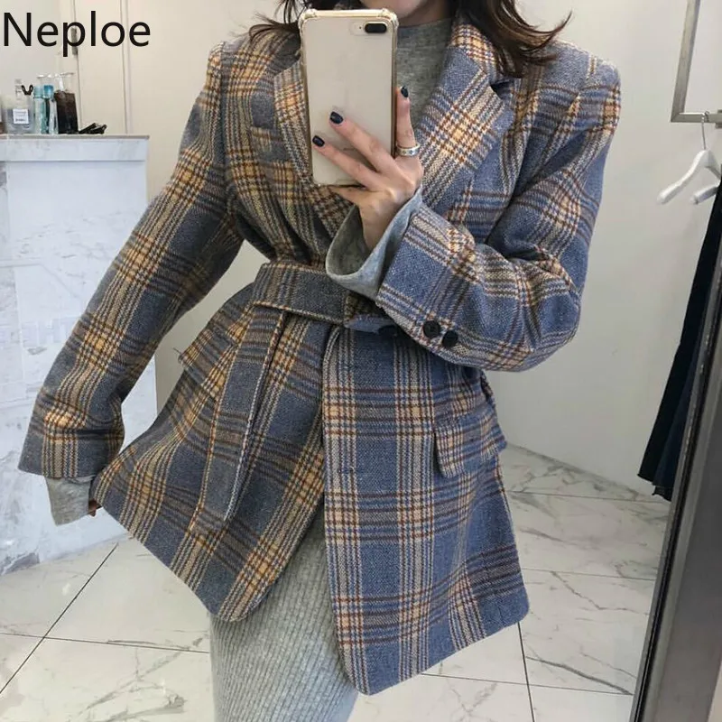 Neploe Chic Plaid Striped Single Breast Work Office Style Blazer Feminino Slim Waist Lace Up Turn Down Collar Long Sleeve Coat