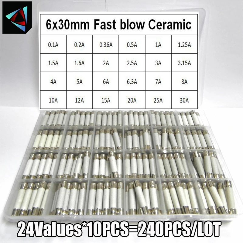 240Pcs/Box 24Values 6x30mm Fast Blow Ceramic Fuse 250V 0.1A 0.2A 0.5A