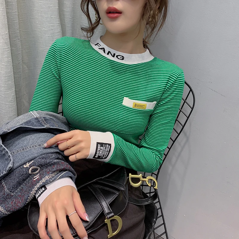 Green no fleece Осенне-зимняя женская футболка в полоску с вышитыми буквами, эластичные плотные топы, флисовая футболка с длинным рукавом, T9N395 - Цвет: Green no fleece