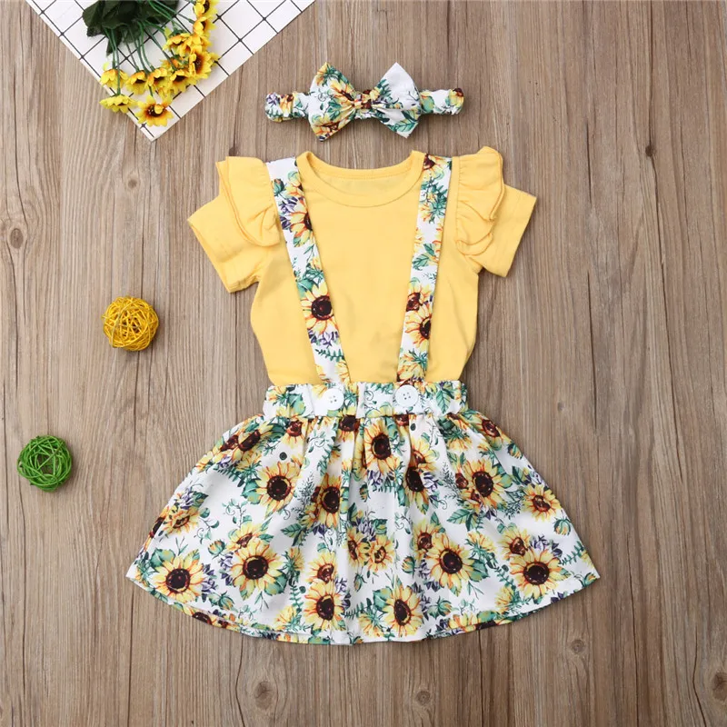 Комплект одежды для маленьких девочек 0-36 мес., 3 предмета, футболка с расклешенными рукавами для девочек, костюм, желтый и белый комбинезон, платье для девочек, Детский комплект, детская одежда