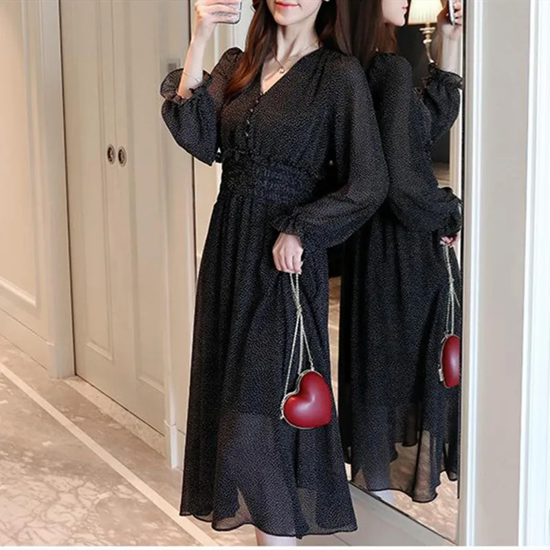 

Long Sleeve V Neck Black Dress Spring new Korean version of the retro dot dress large size temperament chiffon Midi Dress