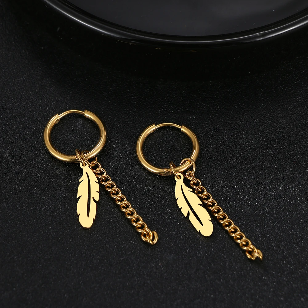 Stainless Steel Earrings Fashion Unisex Punk Gothic Feather Chain Hip Hop Pendant Earrings Women Jewelry Gifts