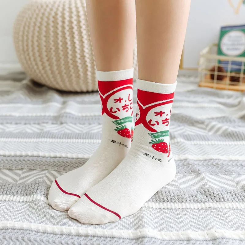 Молоко клубника сок колледж Стиль носки женские носки хараюку мультфильм печати носок милые девушки длинные носки хлопок белые носки 6 пар/уп