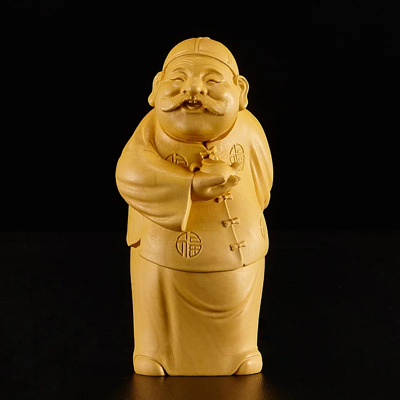 12cm Rich Man Sculpture Boxwood Lucky Statue Feng Shui Solid Wood