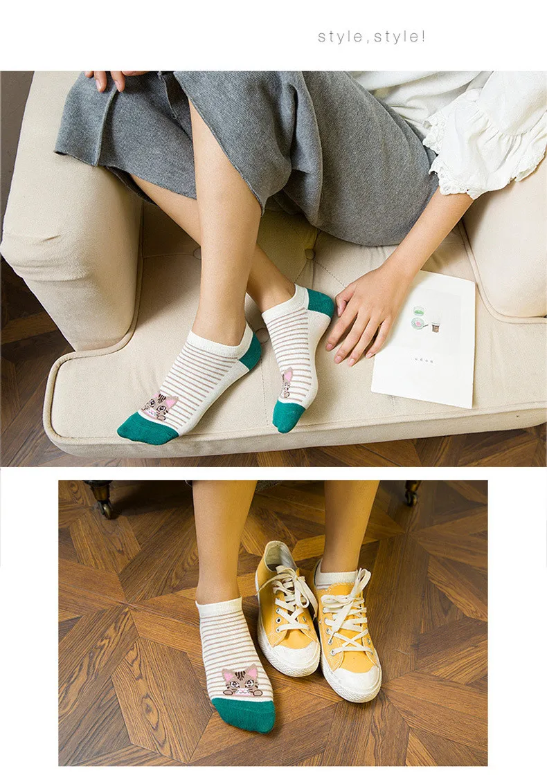 Женские повседневные хлопковые носки с рисунком кота, удобные носки без пятки, летние носки, женские забавные короткие носки