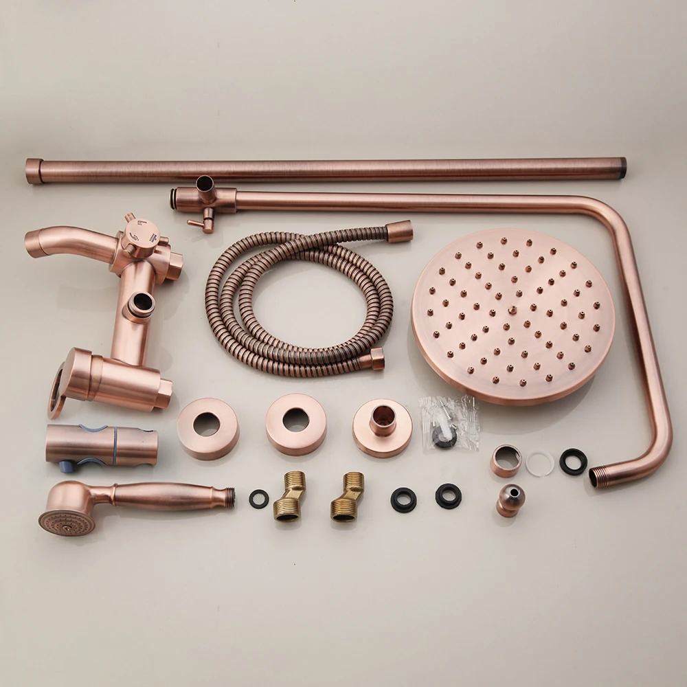 Antique Red Copper Wall Mounted Dual Handles Shower Head Faucet Set