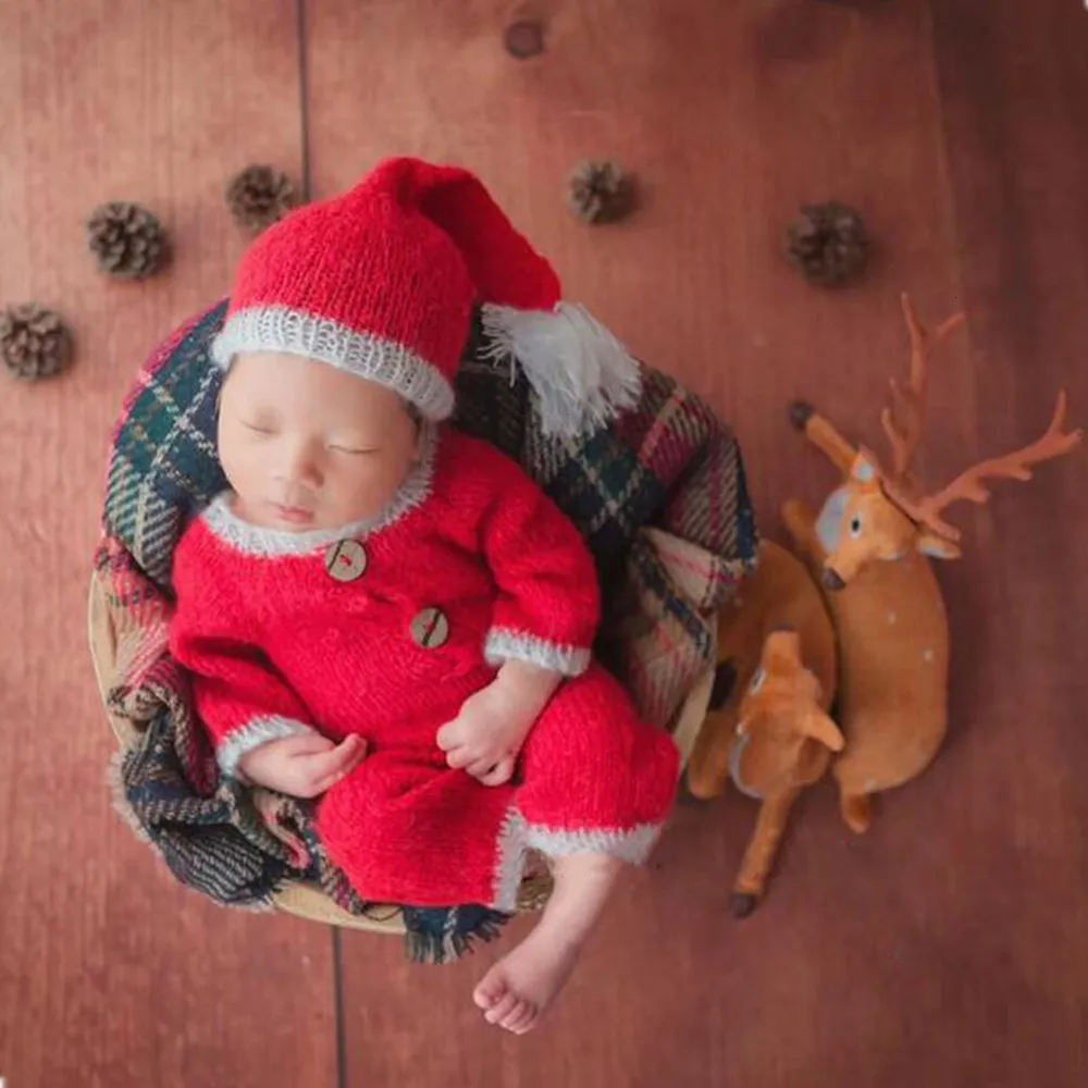 Реквизит для фотосессии новорожденных, аксессуары, вязаная крючком Детская одежда для фотосессии, Рождественский костюм с шапкой, реквизит для фотосессии для младенцев, Рождественский Костюм