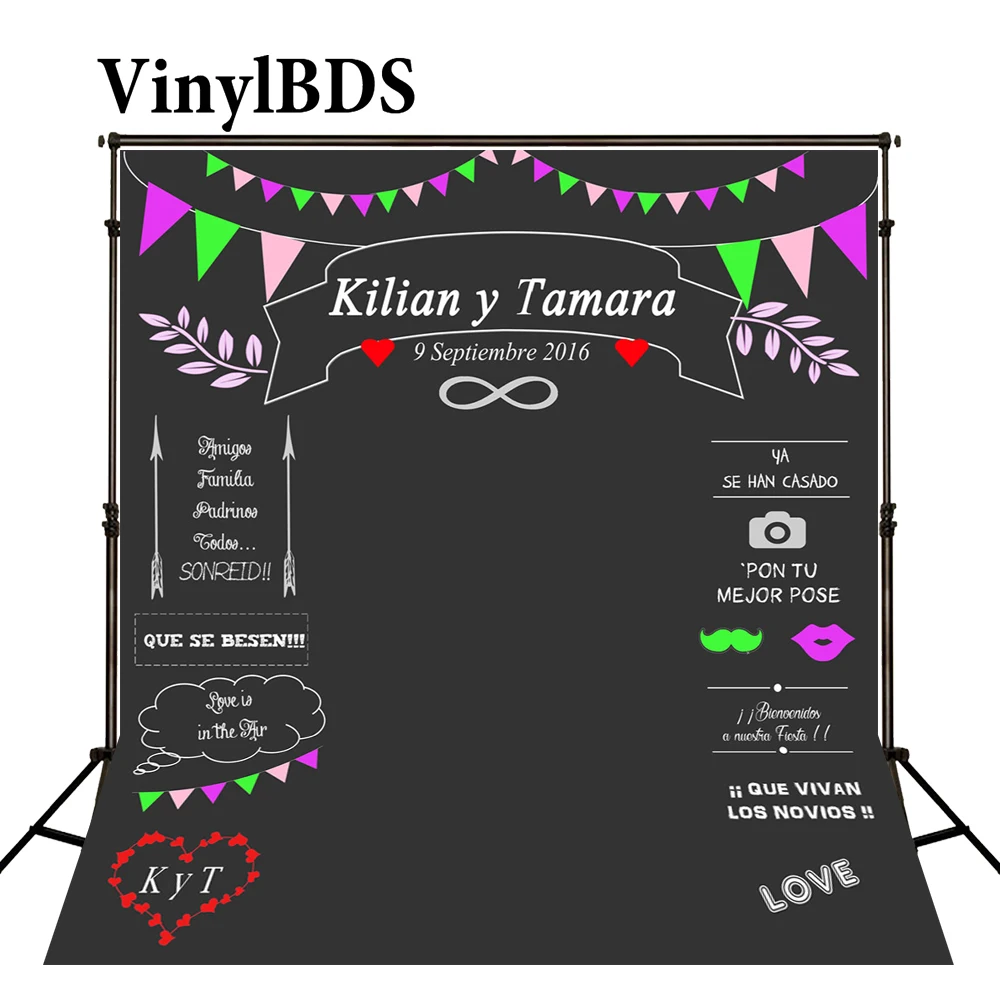 

VinylBDS Custom Wedding Colorful Name Date Photocall Photography Studio Wedding Photo Backdrops Chalk Backdrop Blackboard Photo