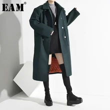 [EAM] свободное зеленое длинное шерстяное пальто большого размера с хлопковой подкладкой, парки, новинка, с длинным рукавом, женская мода, Осень-зима, A317