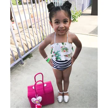 

2020 Toddler Kids Baby Girls Ruffle Stripe Bikini Beach Summer Swimsuit Swimwear Bathing Suit Monokini Maillot De Bain Femme