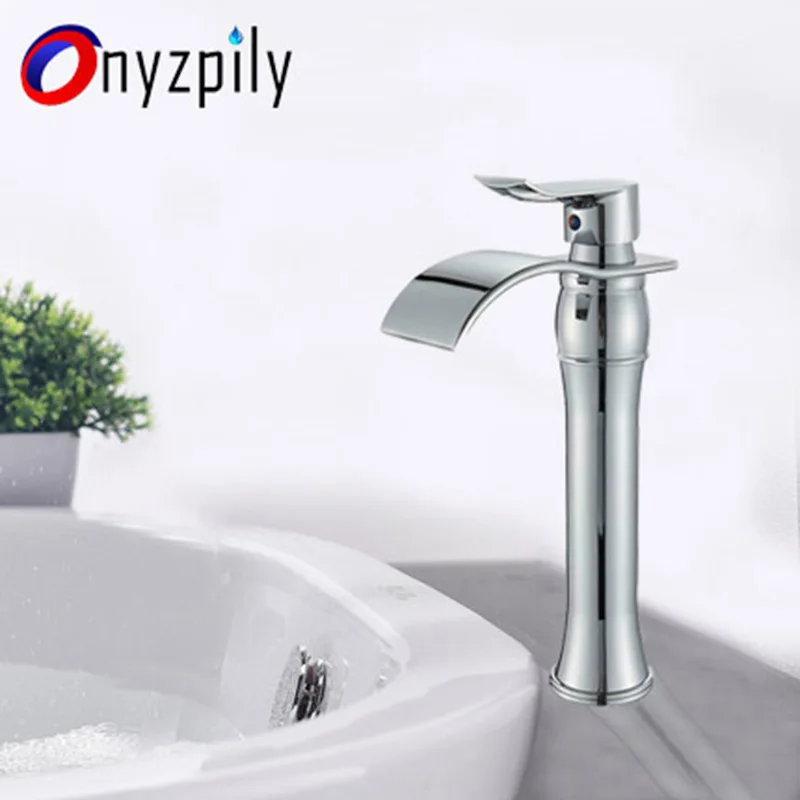 

Onyzpily Basin Faucet Chrome Brushed Nickel Sink Faucet Waterfall Spout Deck Mounted Single Handle Vessel Faucet Hot&Cold Water