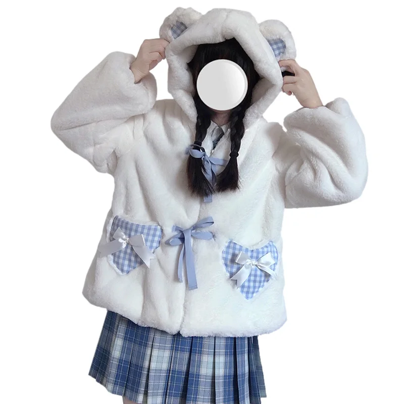 Winter Lolita Kawaii Girls Fluffy Coat Women Cute Bear Ear Hooded Plush Jacket Faux Fur Zipper Cashmere Plaid Pocket Outerwear