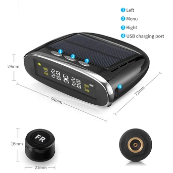 

Car TPMS Digital Display Tire Pressure Monitoring System Solar Power USB Charging Auto Tyre Real-time Alarm 4 External Sensors