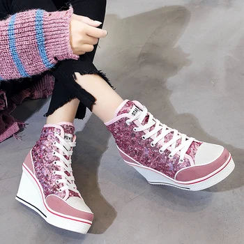 

Women's vulcanized shoes 2020 Korean canvas shoes wedge heels sequins casual thick bottom high-top women's shoes FA-118