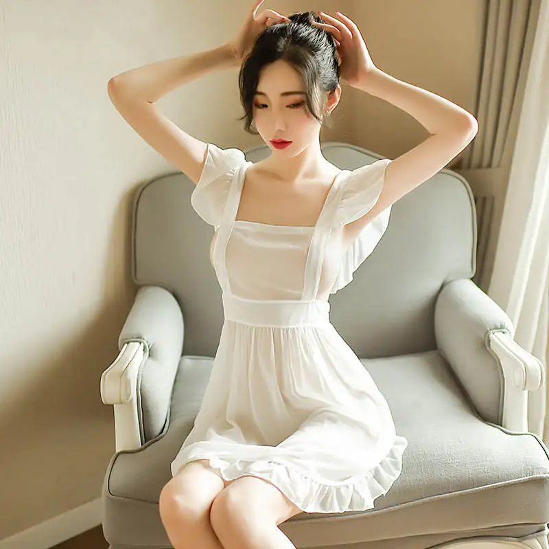 Sexy lingerie uniform, curved small flying sleeves, see-through light chiffon waist elasticity, playful sexy sweetheart maid