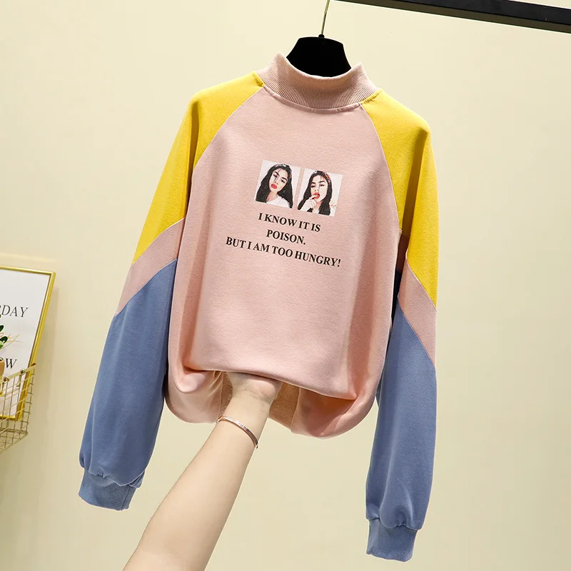 

2019 Autumn Winter New Womens High Collar Sweatshirts Korean Casual Stitching Letters Printed Long-sleeved Female Tops Pullover