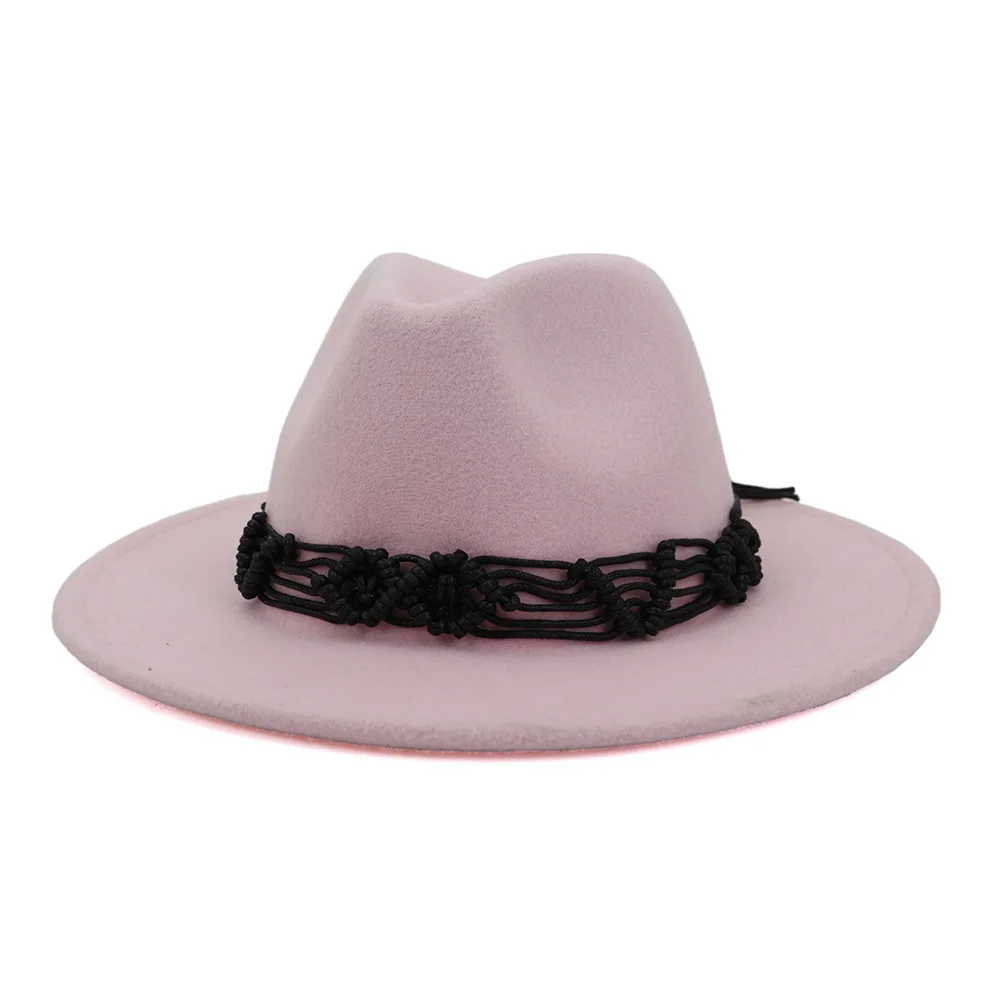 FS элегантная однотонная женская шерстяная Фетровая Шляпа Fedora Trilby, мужские шляпы с широкими полями, винтажная джазовая Кепка, красный, розовый, Sombreros Fieltro Mujer - Цвет: Pink Fedora Hat