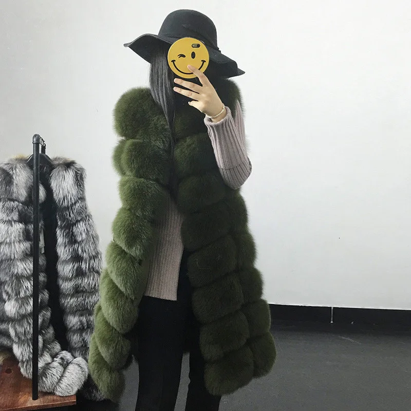 Green Женское пальто из искусственного меха, Осень-зима, Модный повседневный теплый тонкий длинный жилет из искусственного лисьего меха без рукавов, зимняя куртка с карманами для женщин - Цвет: Green