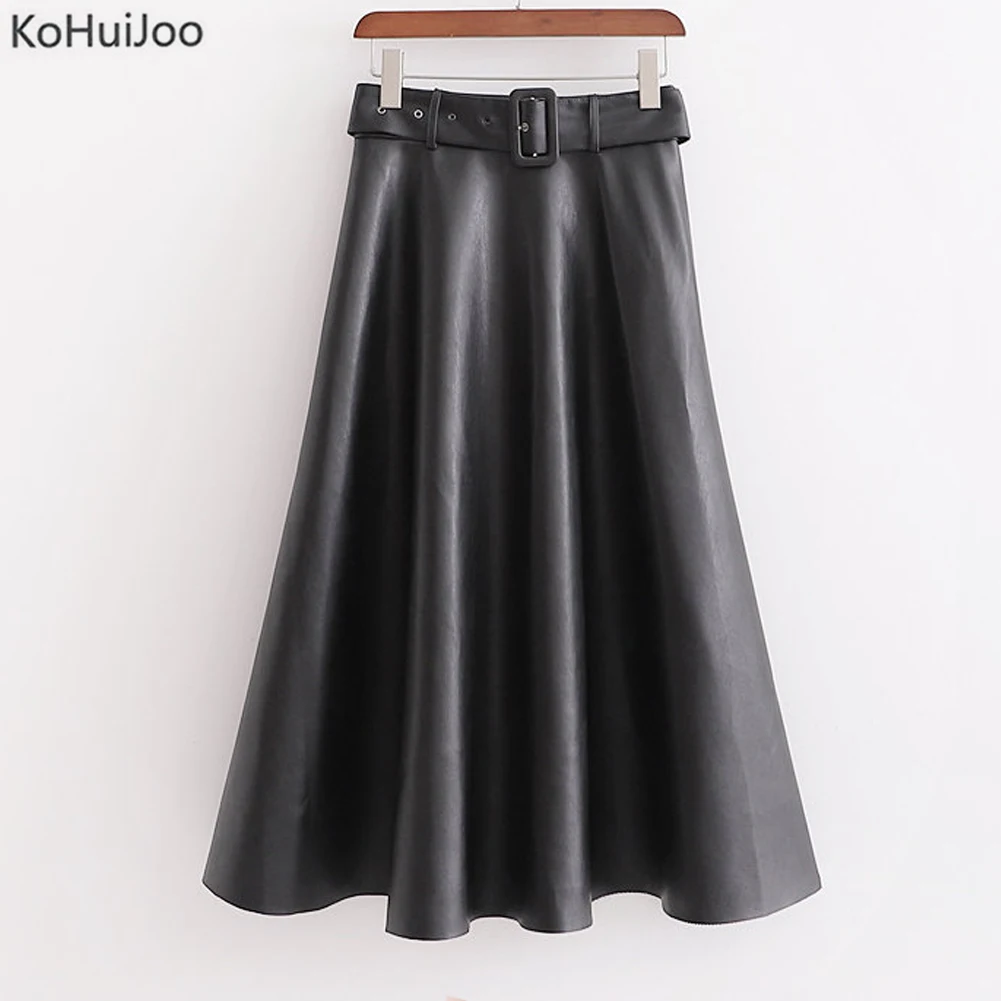 KoHuiJoo женские черные юбки из искусственной кожи, женские осенние зимние свободные повседневные кожаные юбки трапециевидной формы с поясом, Юбки миди с высокой талией