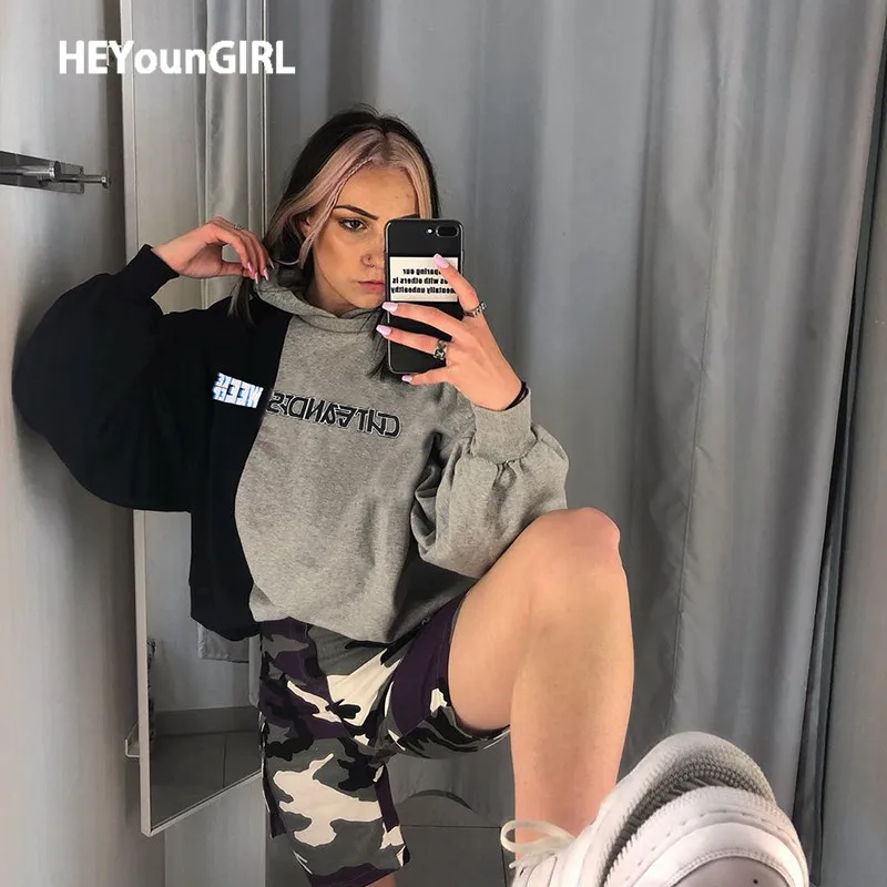 HEYounGIRL Лоскутная Толстовка с круглым вырезом и буквенным принтом черный серый пуловер с длинными рукавами корейская мода толстовки женские осенние уличные