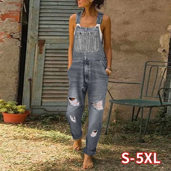 

Woman Jean Jumpsuits Plus Size Women Denim Overall Long Casual Romper Jumpsuit Jeans Women Pant Trousers Hole Ripped Jumpsuits