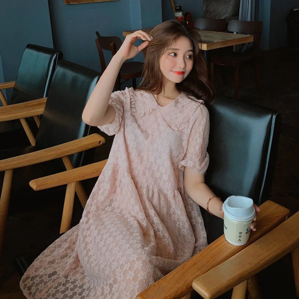 

Photo Shoot CHIC Vigorous GIRL'S Pink Lace Mid-length Peter Pan Collar Single Breasted by Age Western Style A- line Dress
